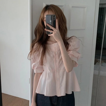 Cralom Sweet Square Neck Tops Blusas, Solid Colors, Single-Breasted Button White Shirts