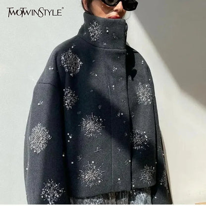 Cralom Diamonds Loose Jacket Stand Neck Patchwork Coat