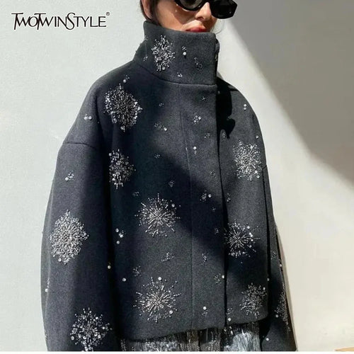 Cralom Diamonds Loose Jacket Stand Neck Patchwork Coat