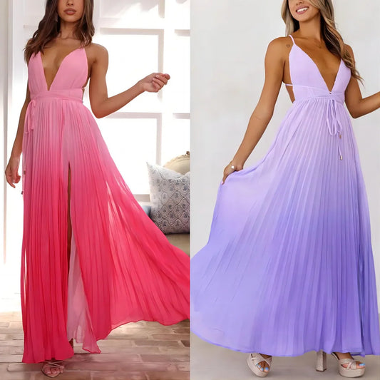Cralom V-neck Strap Dress with Split - Vacation Style, 2025