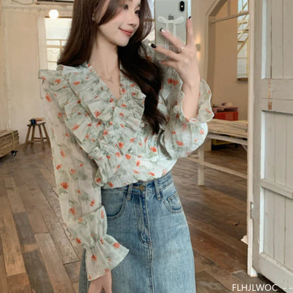 Cralom Floral Print Ruffles Top for Women - Retro Vintage Style