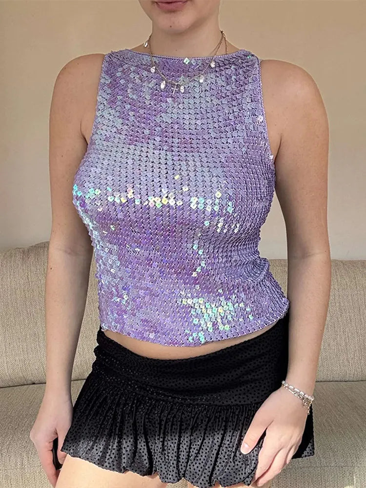 Cralom Sequined Knit Vest: Shinny Hollow Out Sleeveless O-neck Slim Camis Tops