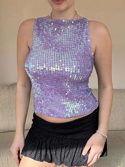 Cralom Sequined Knit Vest: Shinny Hollow Out Sleeveless O-neck Slim Camis Tops