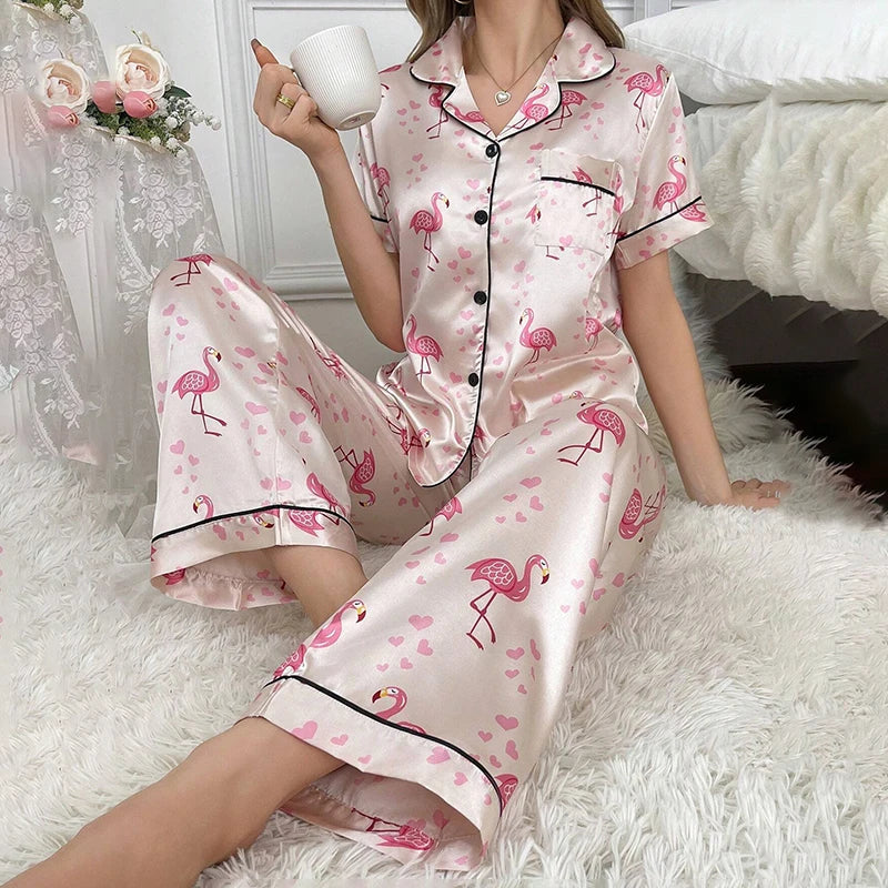 Cralom Satin Pajama Set: Short Sleeve Top & Long Pants Sleepwear