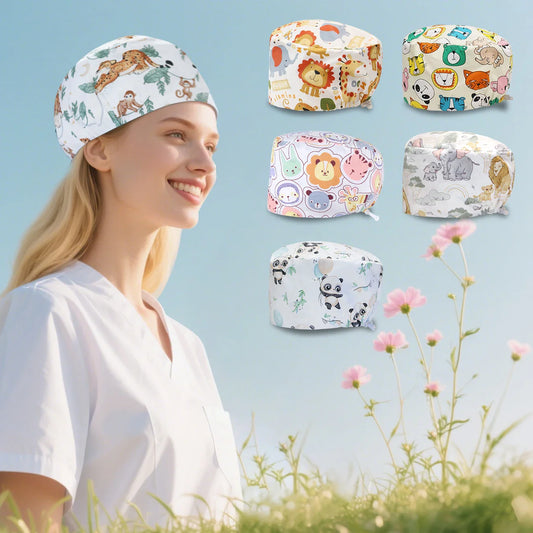 Cralom Cartoon Animals Unisex Surgical Scrub Caps for Medical Professionals