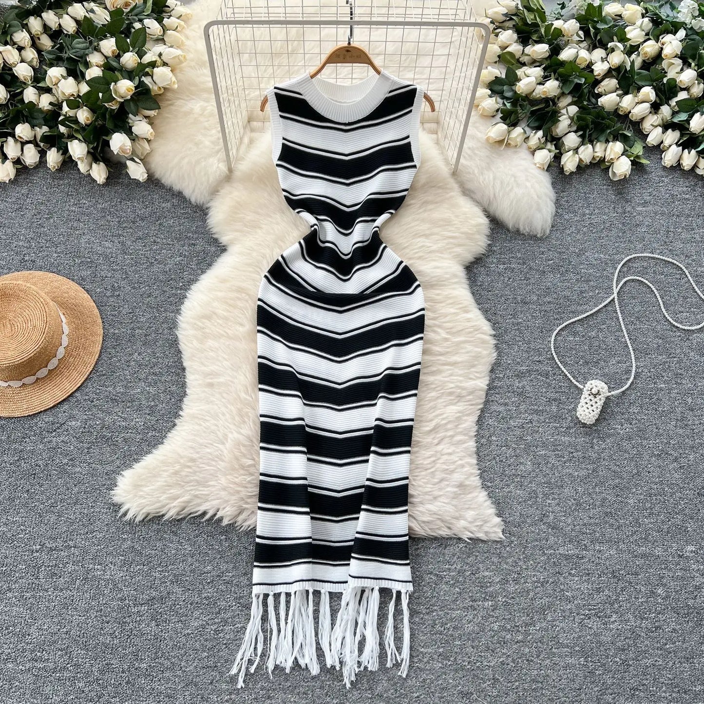 Cralom Ribbed Striped Tank Maxi Dress with Tassel Detail