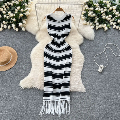 Cralom Ribbed Striped Tank Maxi Dress with Tassel Detail