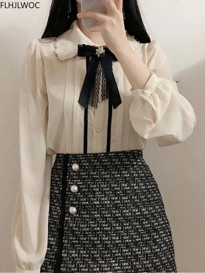 Cralom Spring Women's Preppy Button Shirts Pink White Vintage Design