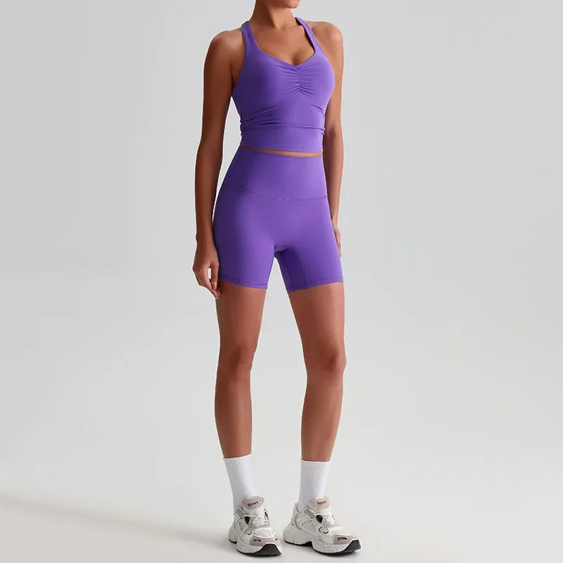 Cralom Women's Naked Feel Yoga Set with Backless Sports Bra and Butt Lifting Tight Shorts