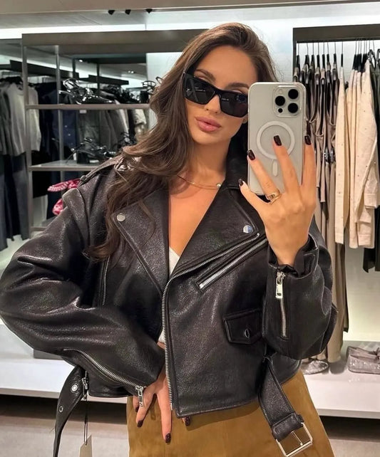 Cralom Vintage Style Short Leather Jacket for Women, Retro Zipper Coat Moto Outwear
