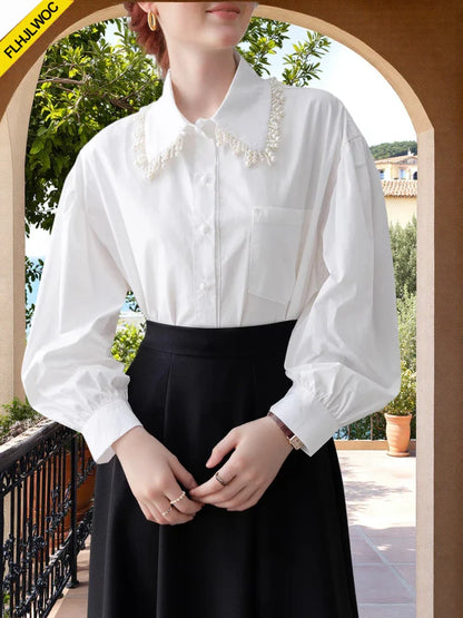 Cralom Ruffled White Blouse with Pockets & Beaded Detail