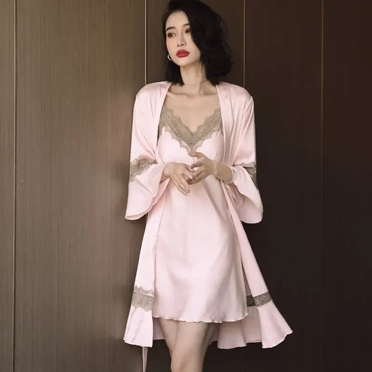 Cralom Luxury Ice Silk Suspender Nightgown Set with Chest Pad - Women's Sexy Pajamas