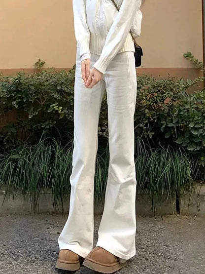 Cralom Vintage Washed Flare Jeans Women Y2K High Waist Streetwear Straight Pant