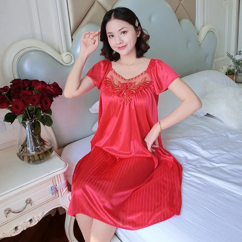 Cralom Women's Silk Nightgown: Medium Length Short Sleeve Nightdress Sleepwear Pyjama Loungewear