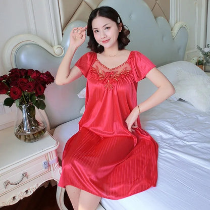 Cralom Women's Silk Nightgown: Medium Length Short Sleeve Nightdress Sleepwear Pyjama Loungewear