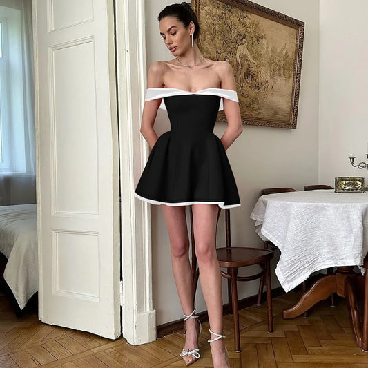 Cralom Strapless One-Shoulder Slim Fit Short Dress in Solid Color