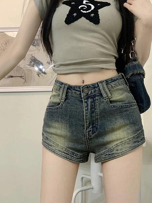 Cralom Vintage Denim Shorts: High Waist Slim Straight Jeans