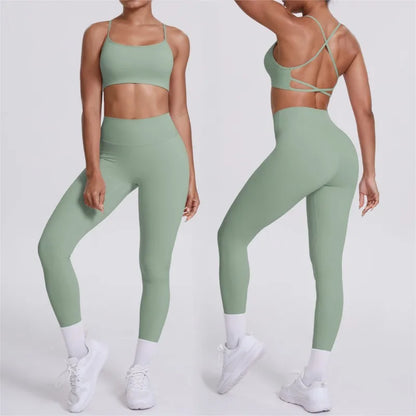 Cralom Seamless Yoga Set: Cross Back Sports Bra & High Waist Booty Lifting Leggings