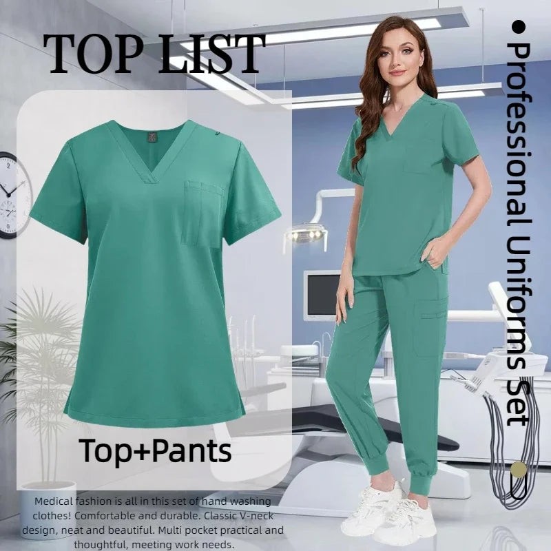 Cralom Multicolour Nurse Scrubs Set V-neck Top Pocket Pants