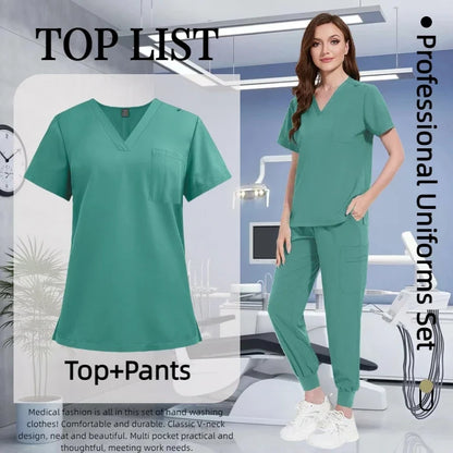 Cralom Multicolour Nurse Scrubs Set V-neck Top Pocket Pants