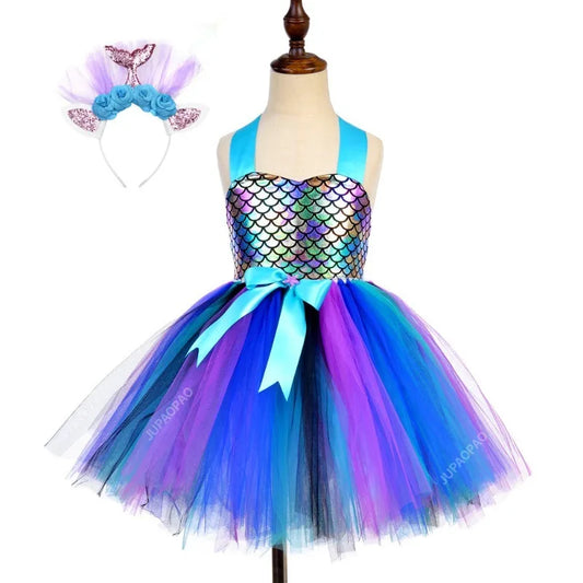Cralom Mermaid Girl Tutu Dress Christmas Party Role Playing