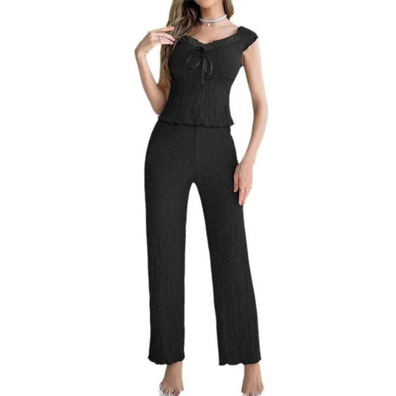 Cralom Short Sleeve V-Neck Top & Comfy Pants Set - Women's Lounge Sleepwear