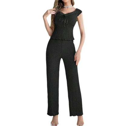Cralom Short Sleeve V-Neck Top & Comfy Pants Set - Women's Lounge Sleepwear