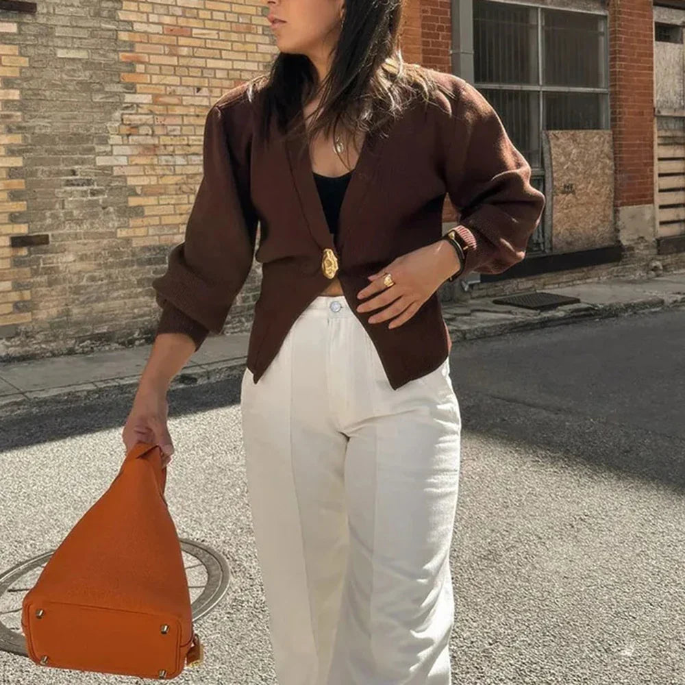 Cralom V Neck Buttoned Knit Coat Solid Slimming Jacket Females
