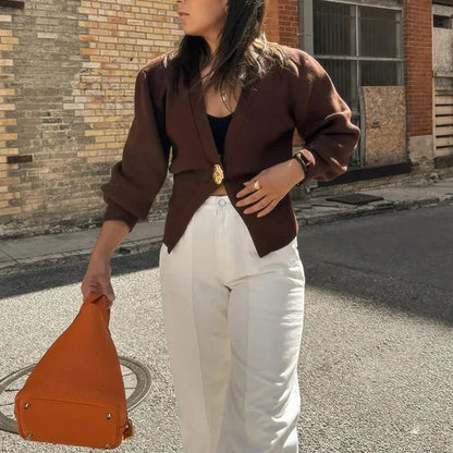 Cralom V Neck Buttoned Knit Coat Solid Slimming Jacket Females