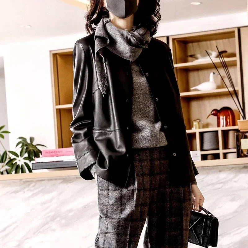 Cralom Women's High Quality Leather Bomber Jacket Fashion Coats