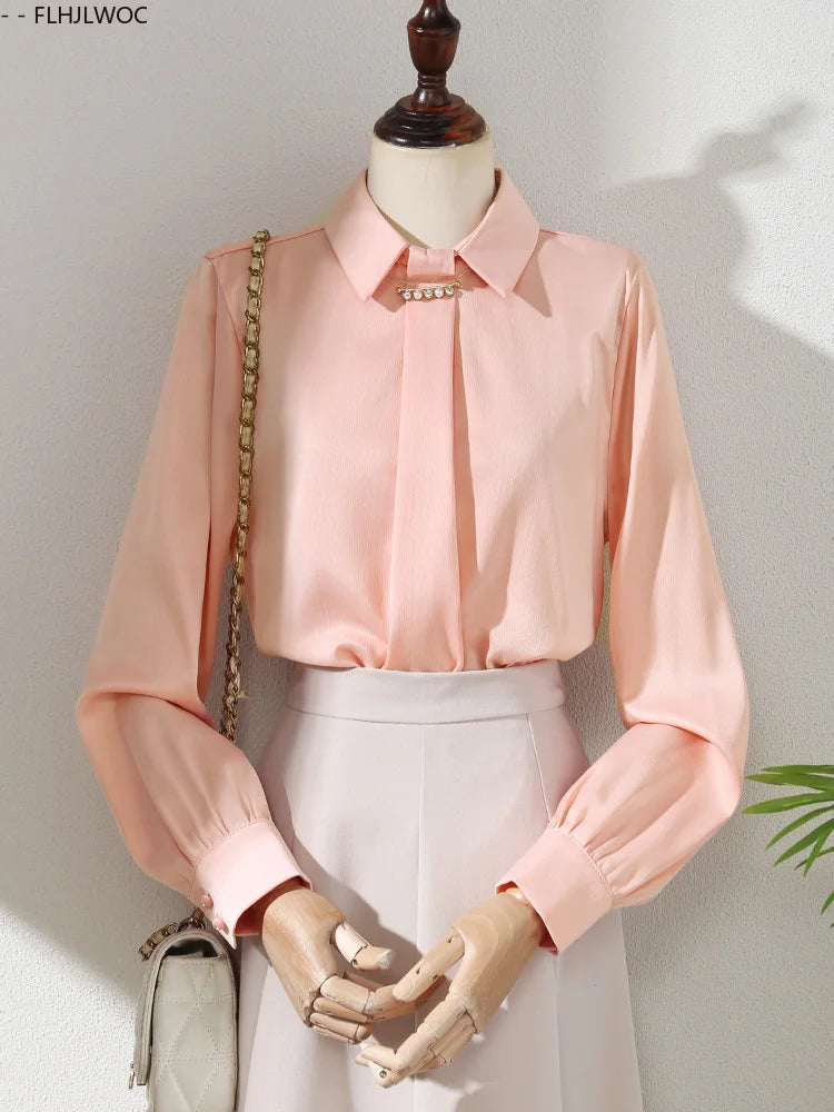 Cralom French Elegance Pink Blouse Long Sleeve Beaded Tops Office Lady New Design 2025
