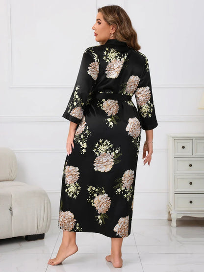Cralom Plus Size Flowers Satin Robe: Elegant V-Neck Kimono Lounge Comfort Homewear