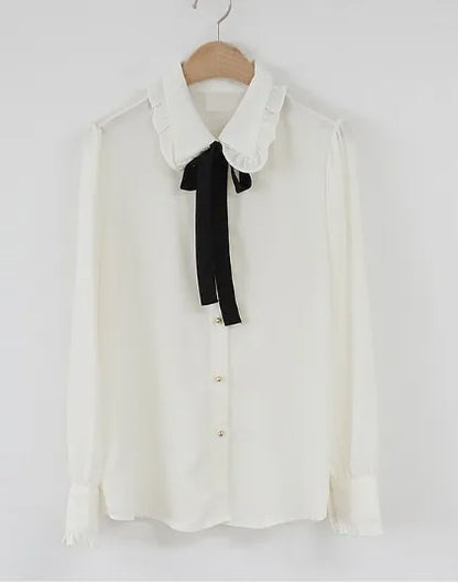 Cute Preppy Style Chiffon Blouse Girls Bow Tie Shirt Peter Pan Collar Top by Cralom