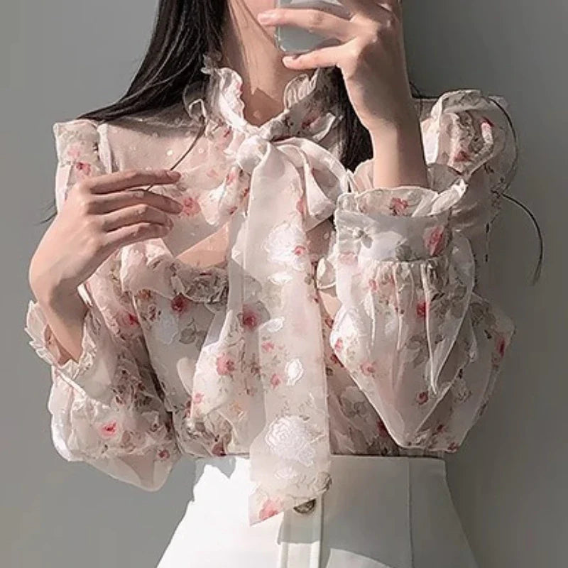 Cralom Ruffled Stand Collar Blouse 2025 Y2K Summer Chic Japan Cute Bow Tie Tops