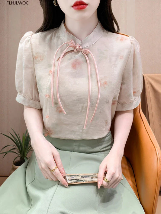 Cralom Floral Print Button Blouse Cute Retro Short Sleeve Tie Top