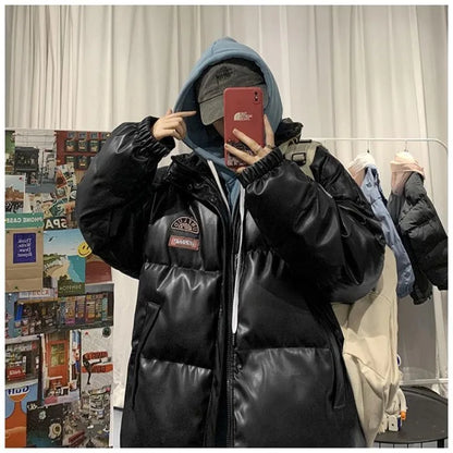 Cralom Y2K PU Leather Cotton Padded Coat for Women