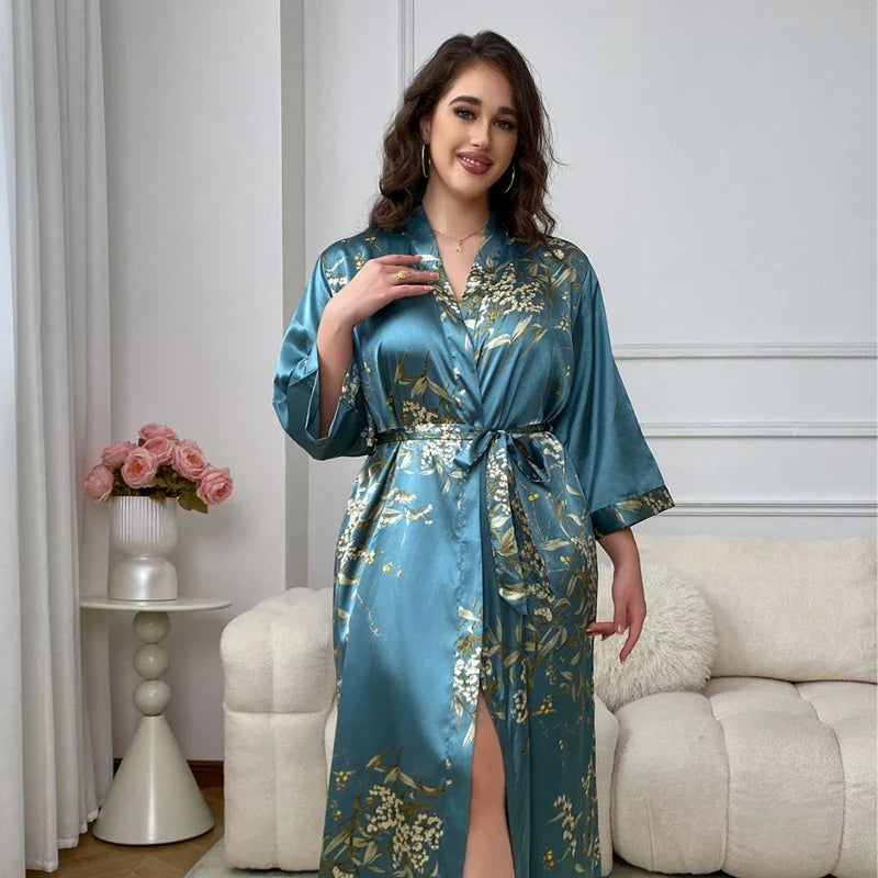 Cralom Plus Size Flowers Satin Robe: Elegant V-Neck Kimono Lounge Comfort Homewear