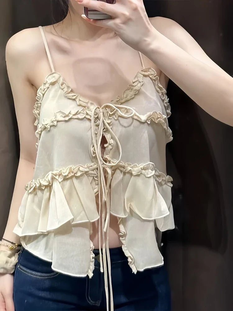 Cralom Ruffled Sling Vest - V Neck Lace Up Sleeveless Top