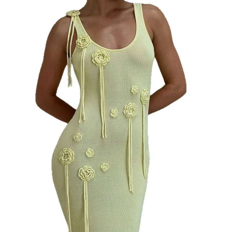 Cralom 2025 Summer Sleeveless Dress with Knitted 3D Flower Craft