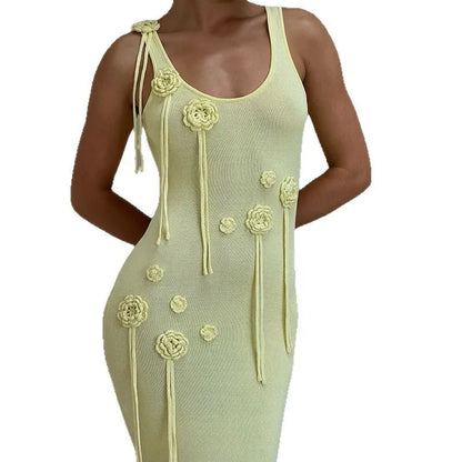 Cralom 2025 Summer Sleeveless Dress with Knitted 3D Flower Craft