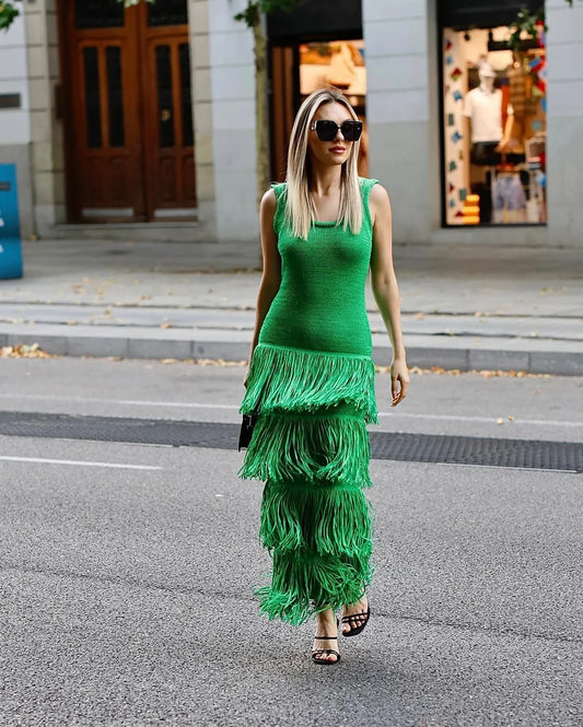 Cralom Knitted Fringe Sleeveless Long Dress for Women