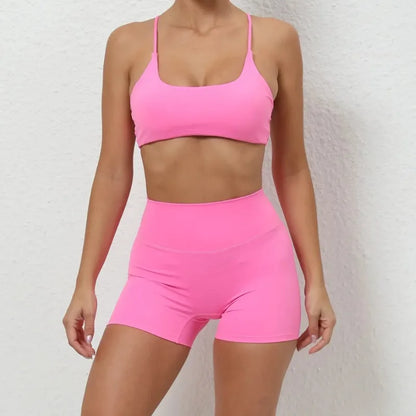 Cralom Yoga Sports Fitness Set: High Waist, Hip-lifting Shorts, Open Back Bra Gym Leggings