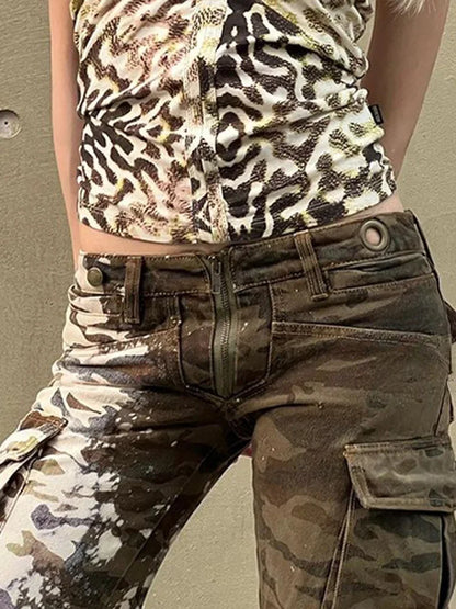 Cralom Vintage Washed Cargo Jeans Women High Waist Loose Straight Pants