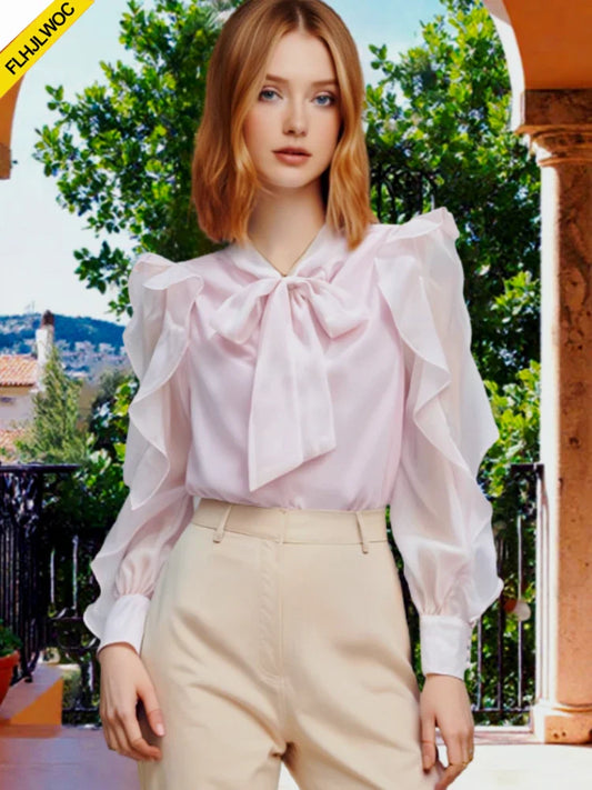 Cralom Pink Bow Tie Long Sleeve Blouse - Elegant Office Lady Korean Style Tops