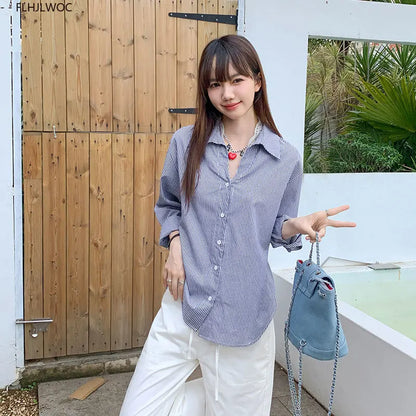 Cralom Retro Blue Striped Shirt: Women's Preppy Button-Down Office Top