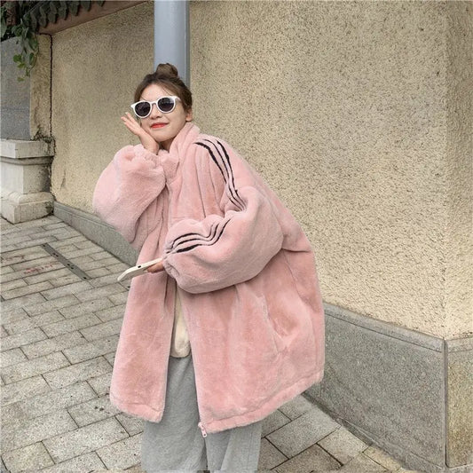 Cralom Furry Collar Cotton-padded Jacket Coat Women Y2K Streetwear Casual Coat