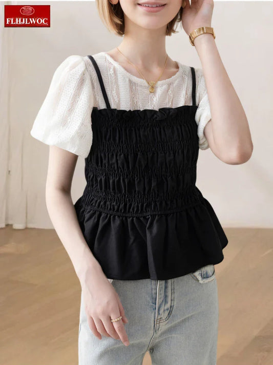 Cralom Babydoll Two-piece Peplum Blouse, Sweet Girls Summer Patchwork Top
