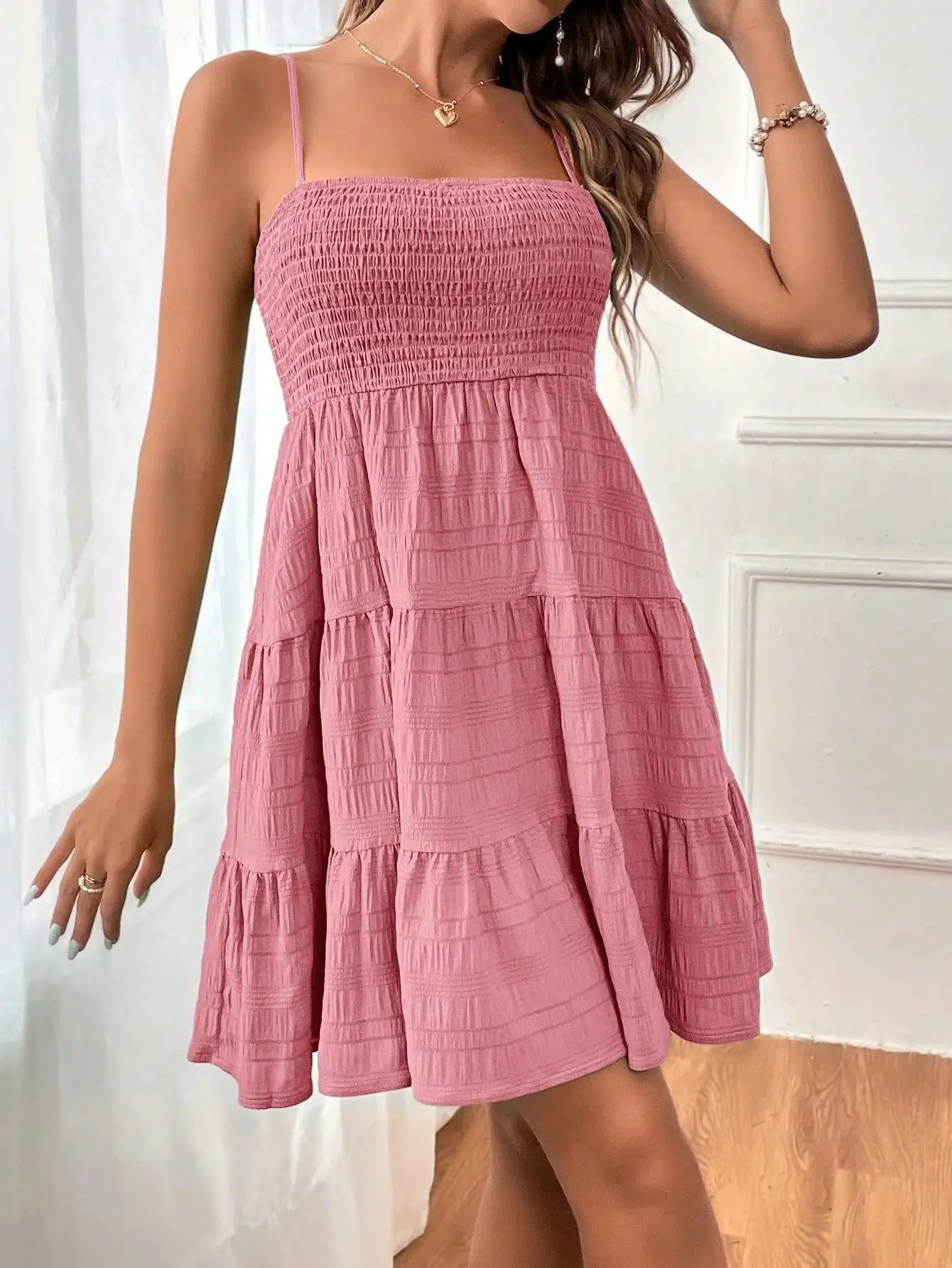 Cralom Solid Color Texture Strap Skirt One Piece Swimsuit