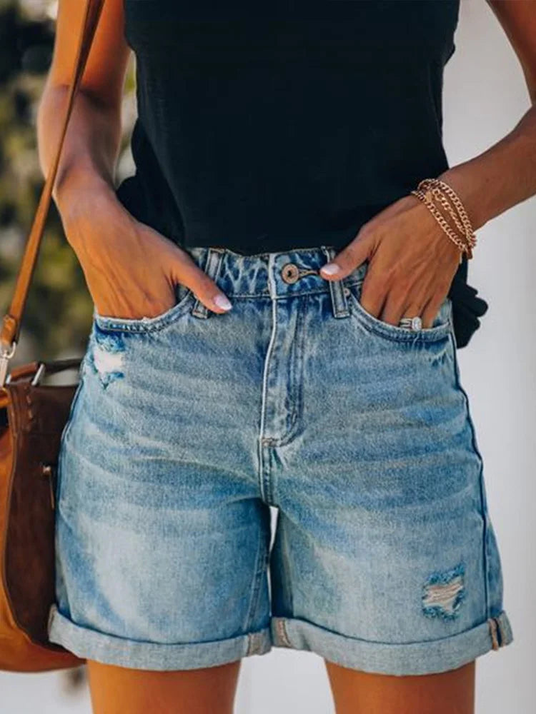 Cralom High Waist Distressed Edge Curl Denim Shorts Women's Y2K Fashion