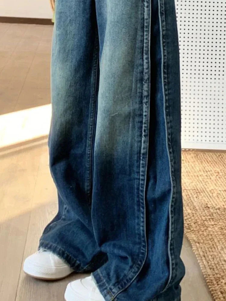 Cralom Vintage Blue Washed High Waist Straight Jeans Women's Streetwear